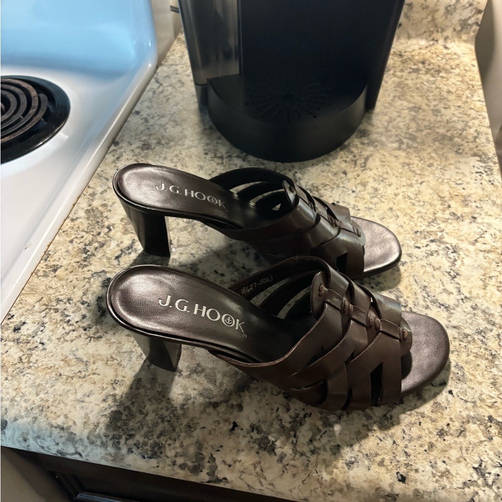 Brown Leather Woven Heel Mules